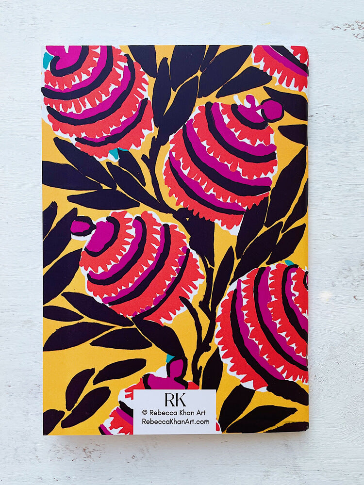 Amber Harmony Notebook Back Cover A5 Size Notebook with Bright Colorful Flowers on A Yellow Background with the Rebecca Khan Art Label
