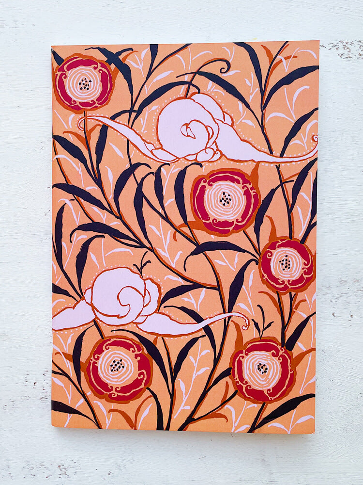 Oriental Elegance Softcover A5 Notebook Front Cover Featuring Intertwining Branches with Scrolling Leaves with Abstract Oriental Poppies and Abstract Clouds on a Sand-Colored Background.