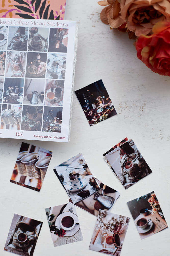 Open packet of Turkish Coffee Mood Stickers with photo stickers of Turkish Coffee scattered around it.
