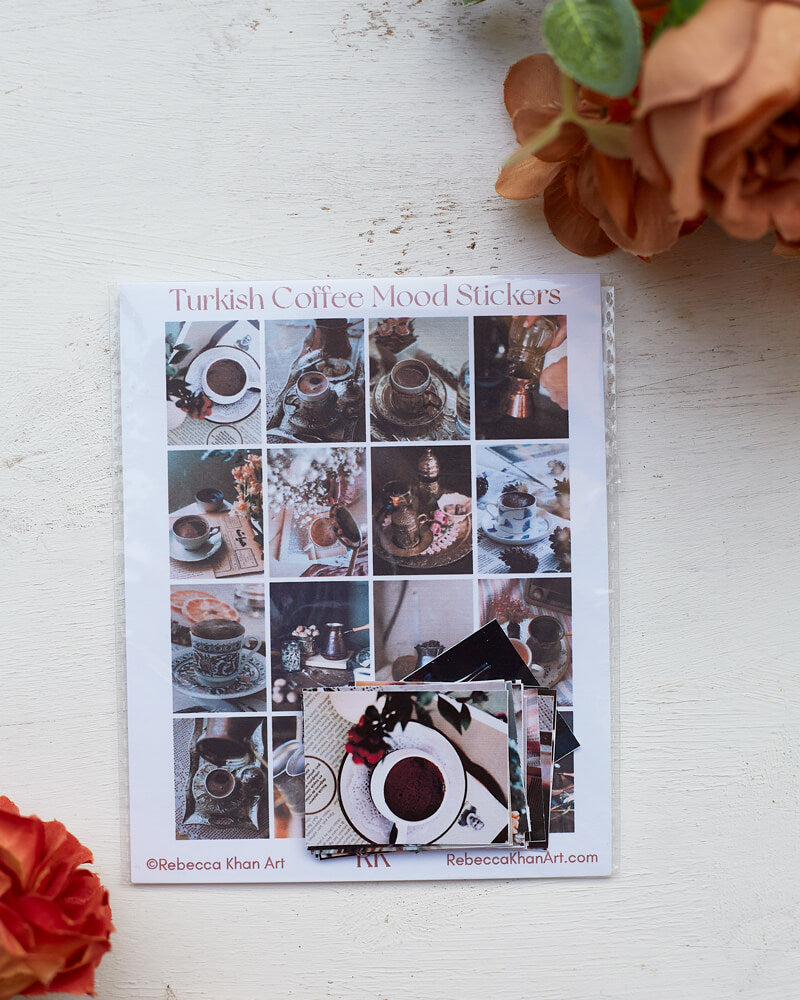 A closed package of Turkish Coffee Mood Stickers with photo stickers of Turkich Coffee in it.