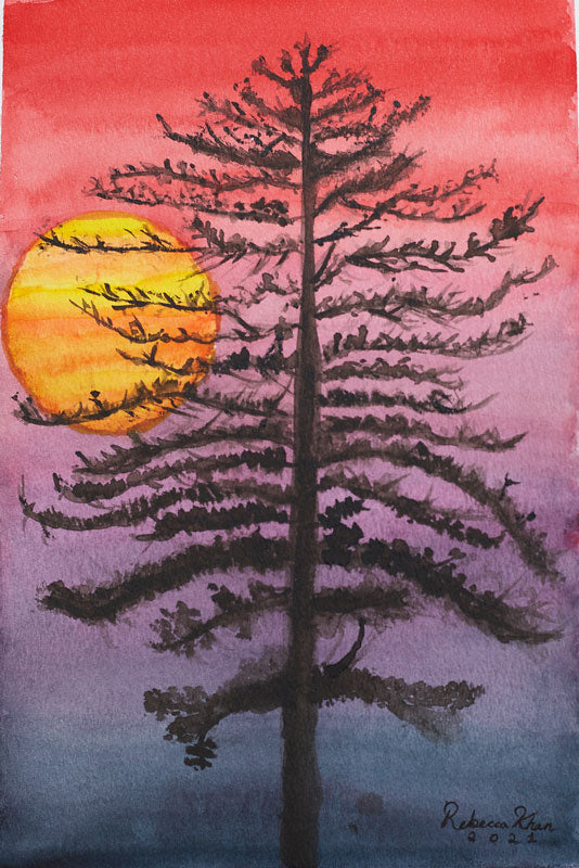 Watercolor painting of a thin black tree in front of a sunset with a red sky fading into black.