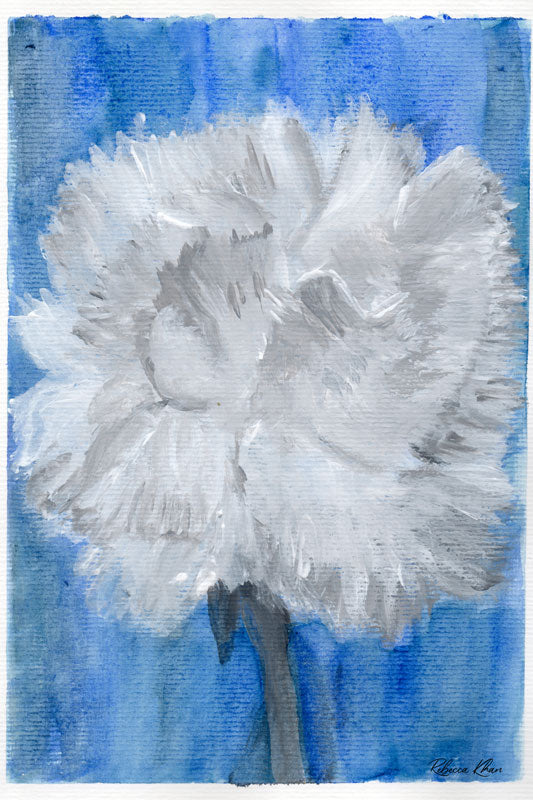Art print of a mix media abstract floral painting of a white carnation on a blue background.