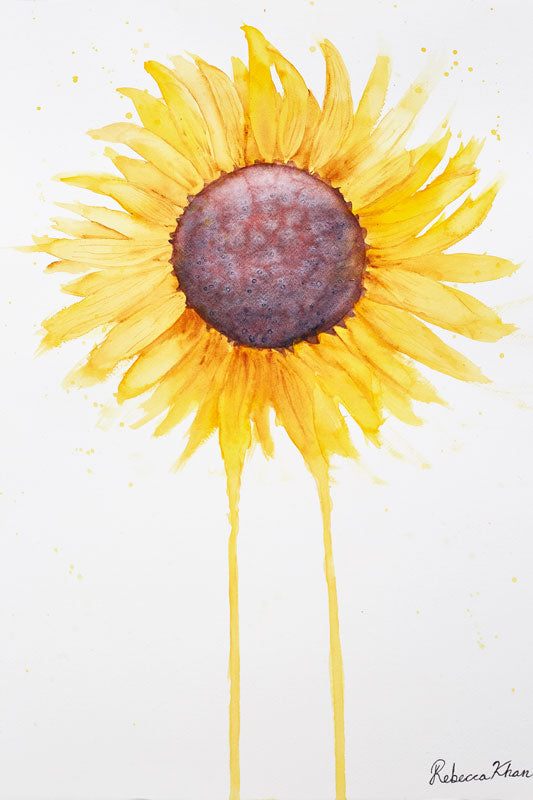 Watercolor painting of a large sunflower with petals radiating outward and two petals dripping down to the bottom of the painting.