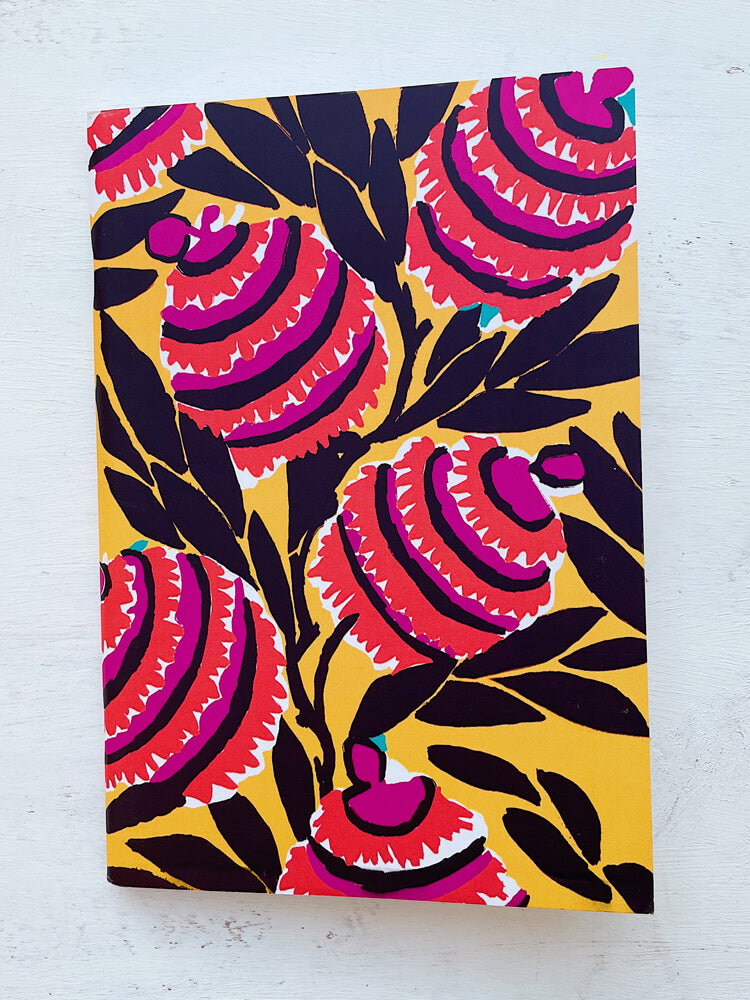 Amber Harmony Notebook Front Cover A5 Size Notebook with Bright Colorful Flowers on A Yellow Background