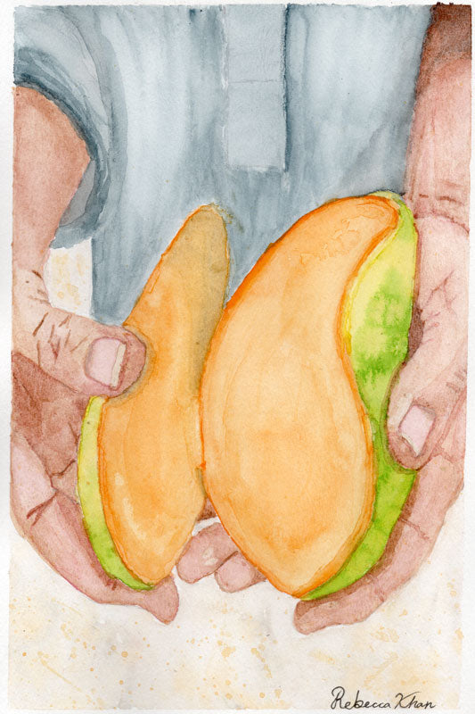 Watercolor painting of two hands holding a bright mango that has been cut into to reveal the inside.