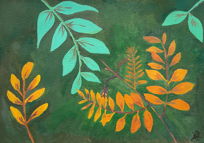 Gouache painting of gold and teal leaves reaching towards each other against a dark green background.