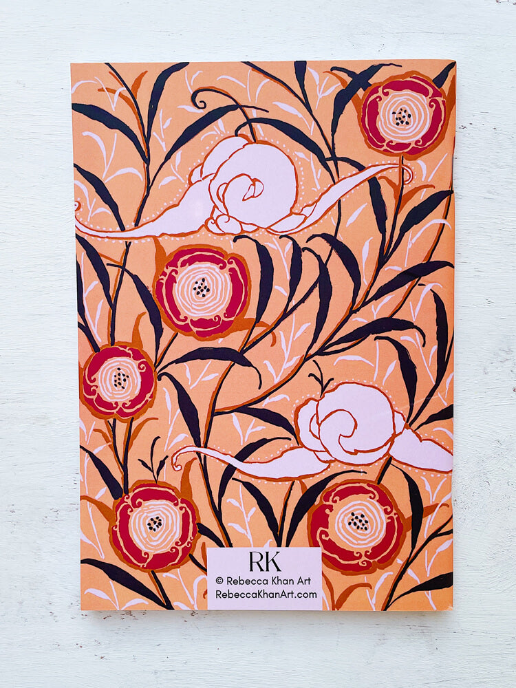 Oriental Elegance Softcover A5 Notebook Back Cover Featuring Intertwining Branches with Scrolling Leaves with Abstract Oriental Poppies and Abstract Clouds on a Sand-Colored Background with a Rebecca Khan Art Label.