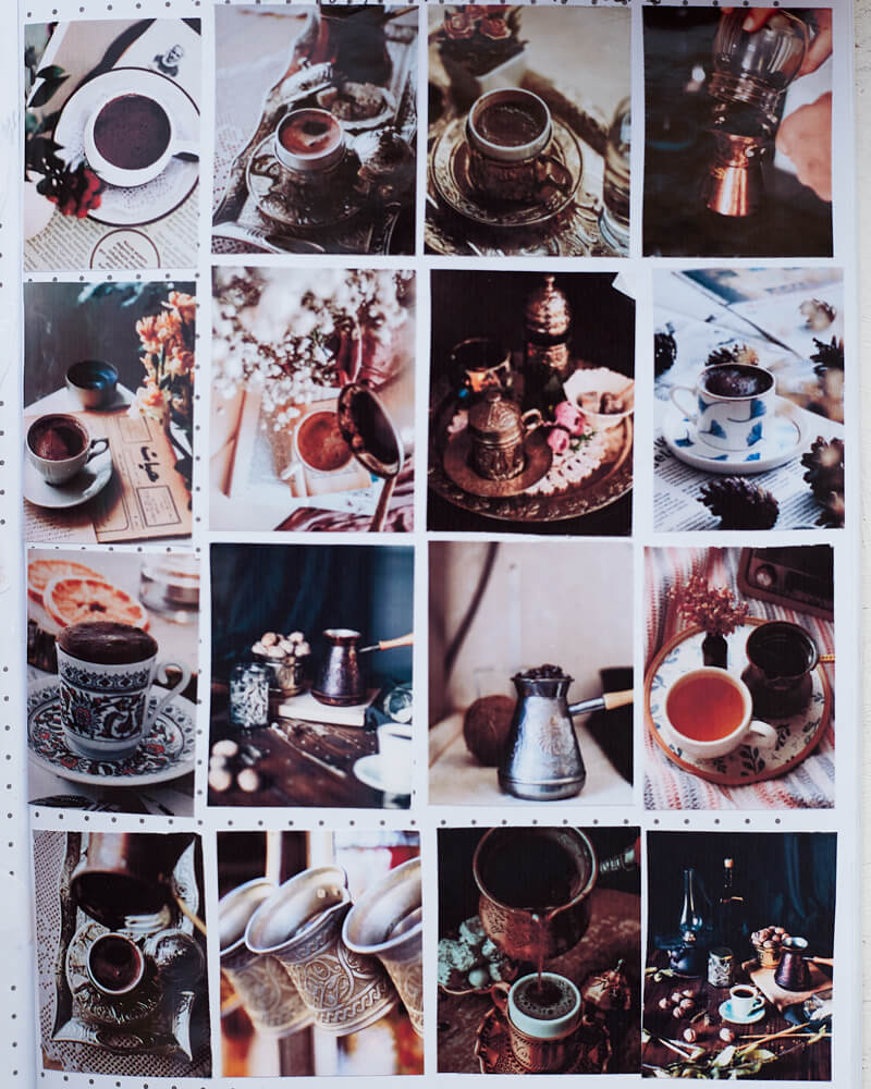 All 16 of the Turkish Coffee Mood stickers (photo stickers of Turkish coffee) laid out in a grid.