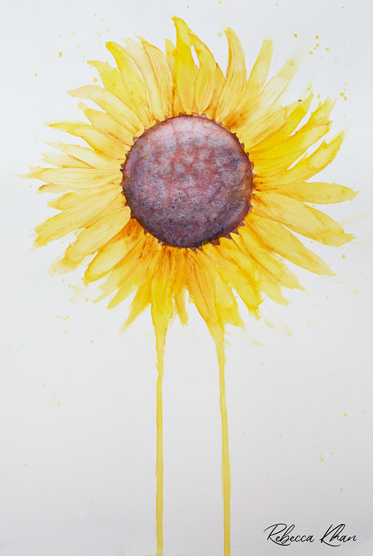 Art print of a watercolor painting of a large sunflower with petals radiating outward and two petals dripping down to the bottom of the painting.