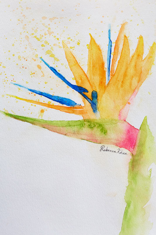 Watercolor painting of a bird of paradise flower painted in a loose, impressionist style.