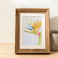 Watercolor painting of a bird of paradise flower painted in a loose, impressionist style in a wooden frame on a table next to a candle.