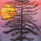 Watercolor painting of a thin black tree in front of a sunset with a red sky fading into black.
