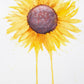 Watercolor painting of a large sunflower with petals radiating outward and two petals dripping down to the bottom of the painting.