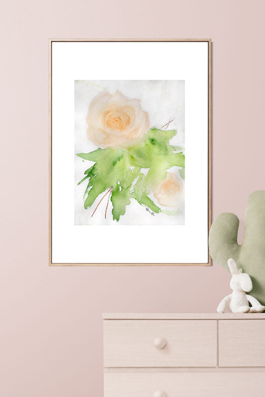 A nursery decorated with an art print of a peach rose painted with watercolors in a loose, impressionist style.