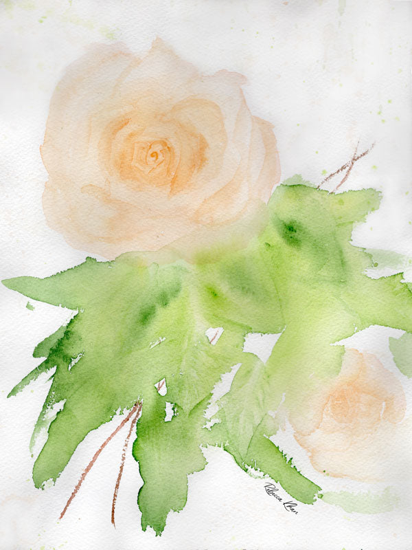 Art print of a peach rose painted with watercolors in a loose, impressionist style.